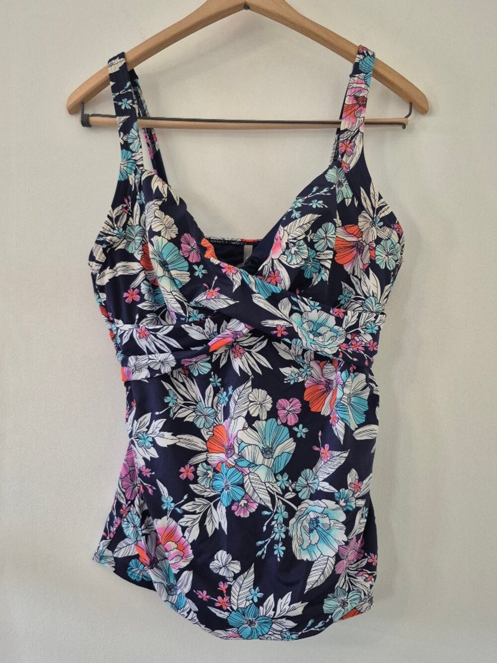 Lands' End Navy Floral Tankini Top with Teal Pink Orange Accents